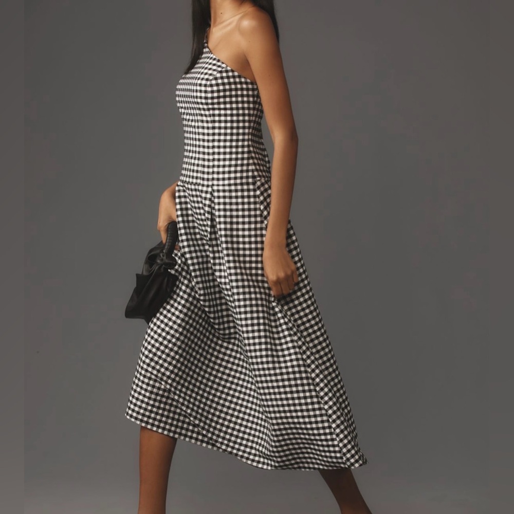 Anthropologie One-Shoulder Black Gingham Midi Dress Size Small - Picture 2 of 5